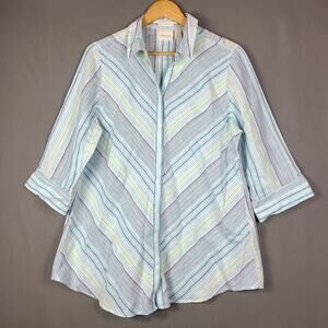 Chicos No Iron 100% Linen Blue Stripe Button Back Coastal Nautical Beach Size L